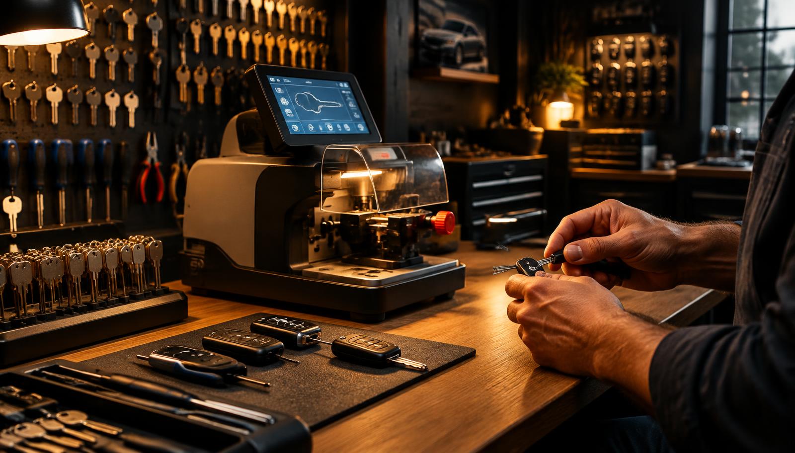 Key maker's workbench with a computerised key cutting machine and keys in Ber Sarai, New Delhi