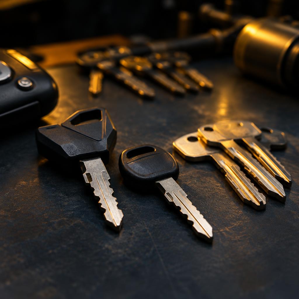 Motorcycle and scooter keys on a locksmith workbench in Ber Sarai, New Delhi