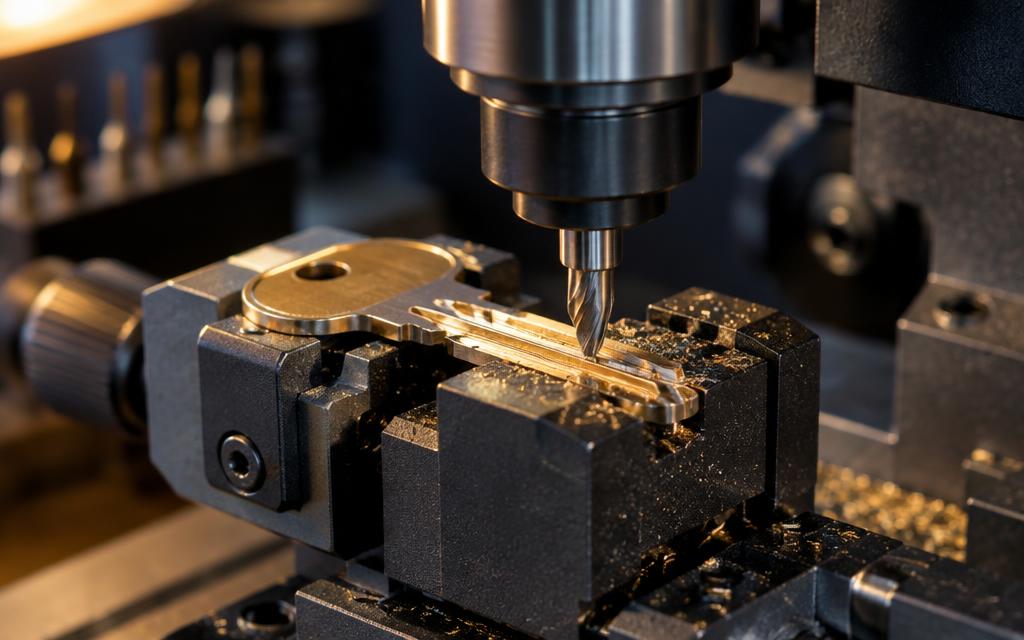 Computerised key cutting machine carving a new metal key at a key maker workshop in Ber Sarai, New Delhi