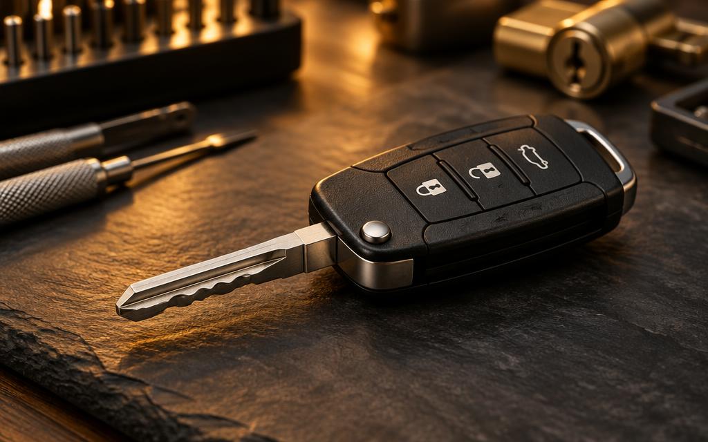 Modern smart flip remote car key with buttons photographed at a computerised key maker near JNU, New Delhi